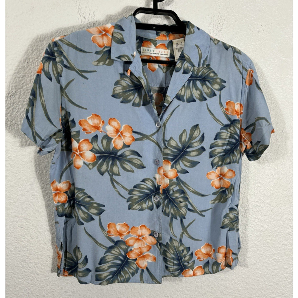 Vintage First Issue Hawaiian Shirt Size S‎ Blue Rayon Short Sleeve Button Up